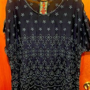 Johnny Was Blue Eyelet Embroidered Top XL ADDED MEASUREMENT